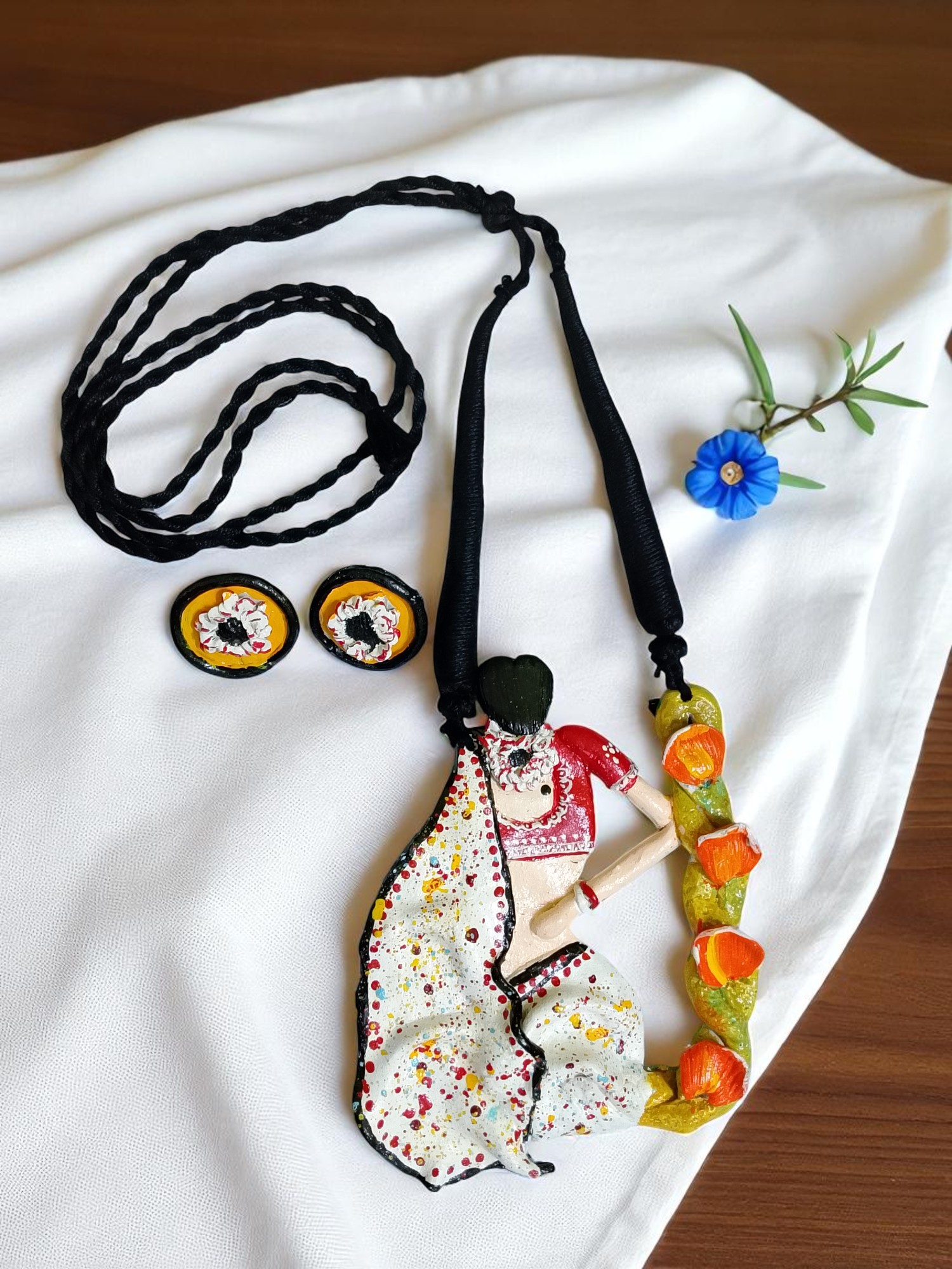 Handmade Necklace Featuring Woman in White Saree | Clay Art Statement Necklace | Boho Folk Jewelry Set - Image 2
