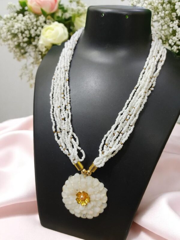 White Beads Necklace with Flower Pendent - Image 2