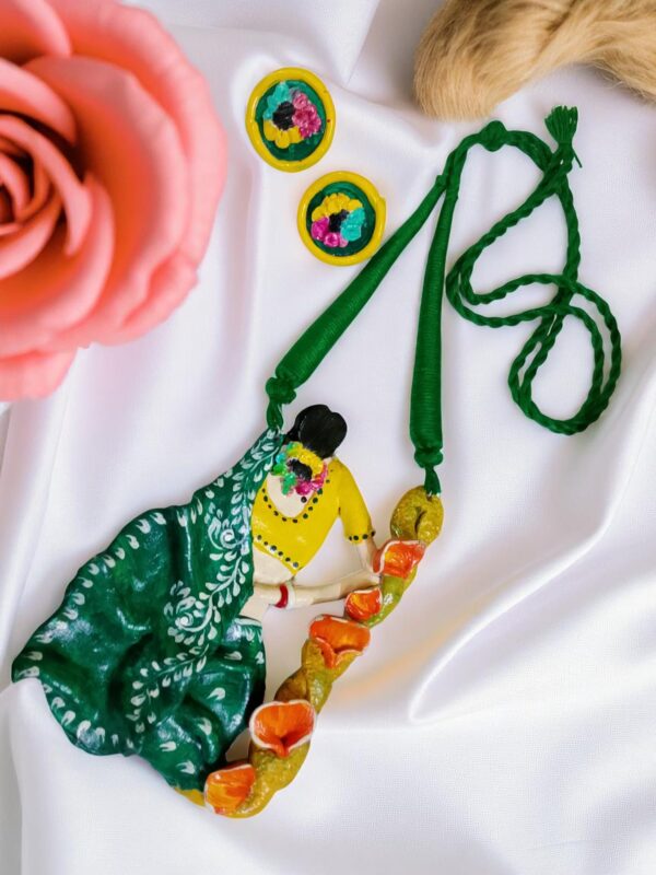 Handmade Necklace Featuring Woman in Green Saree | Clay Art Statement Necklace | Boho Folk Jewelry Set (Copy) - Image 2