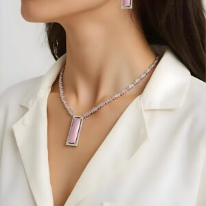 Elegant Pink AD Necklace with Earrings | Rectangular Pendant Set | American Diamond Jewelry