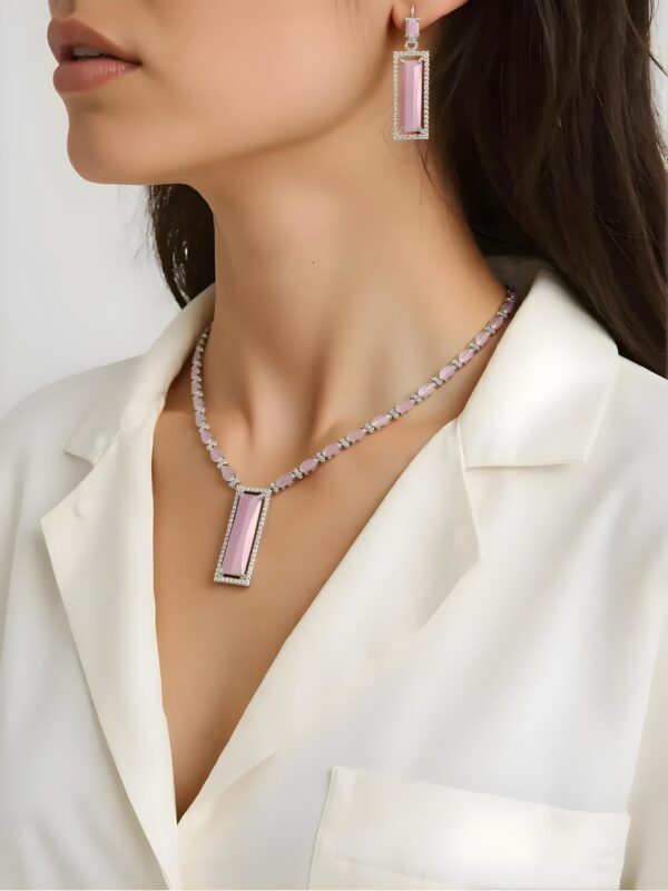 Elegant Pink AD Necklace with Earrings | Rectangular Pendant Set | American Diamond Jewelry