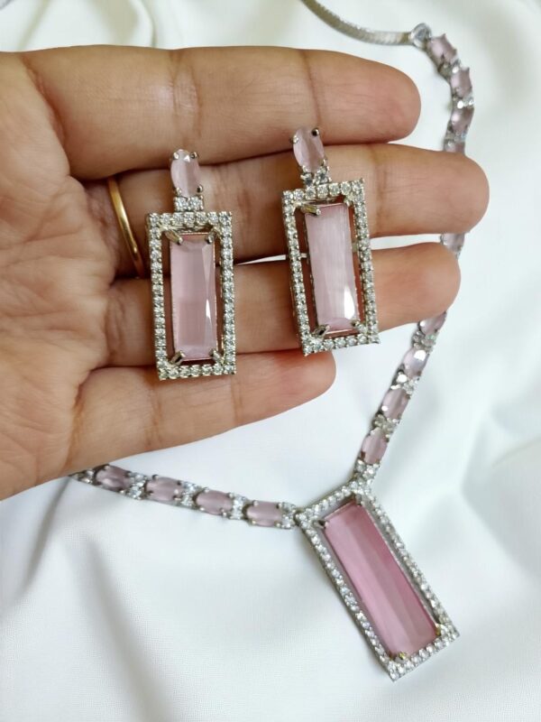 Elegant Pink AD Necklace with Earrings | Rectangular Pendant Set | American Diamond Jewelry - Image 3