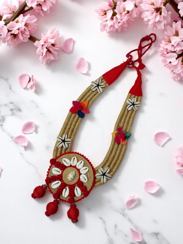 Handmade Ethnic Jute Necklace with Cowrie Shells & Thread Work - Image 3