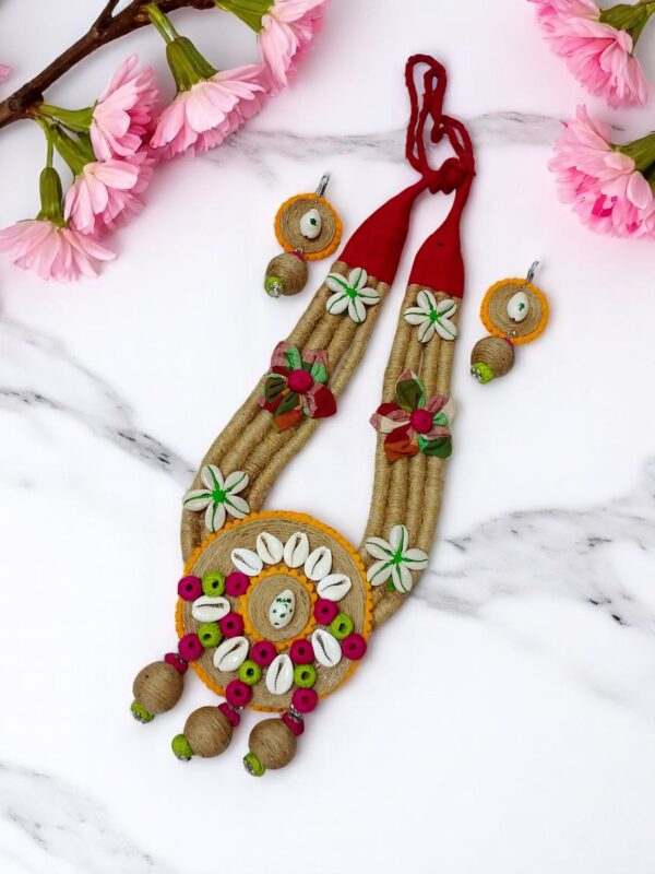 Handmade Ethnic Jute Light Green Multicolor Necklace with Shells - Image 2
