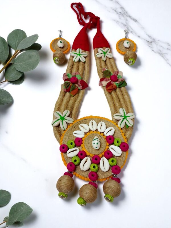 Handmade Ethnic Jute Light Green Multicolor Necklace with Shells