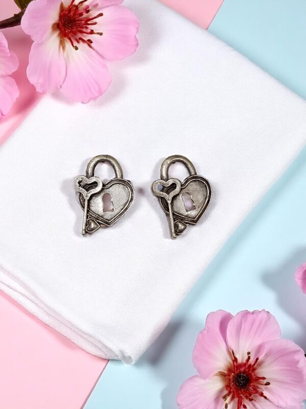 Heart Lock & Key Oxidised Stud Earrings - Image 2