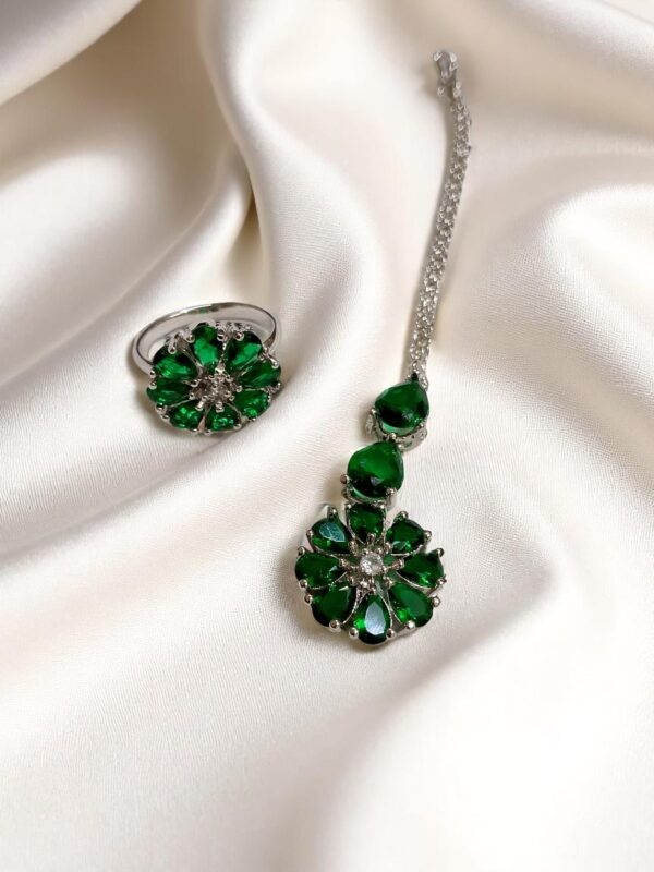 American Diamond Jewelry Set – Necklace, Earrings, Finger Ring & Maang Tikka - Image 3