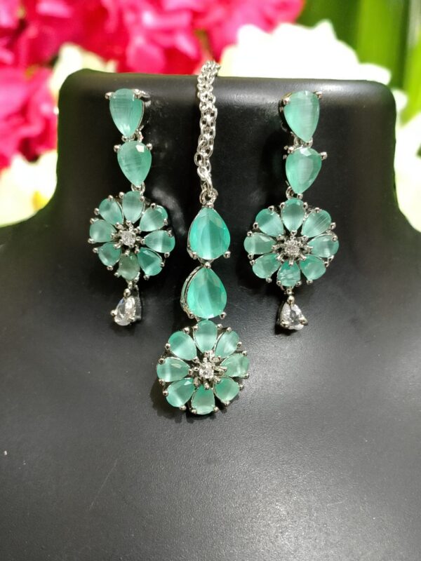 Sky American Diamond Jewelry Set – Necklace, Earrings, Finger Ring & Maang Tikka - Image 2