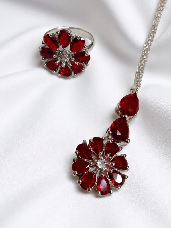 Red American Diamond Jewelry Set – Necklace, Earrings, Finger Ring & Maang Tikka - Image 4