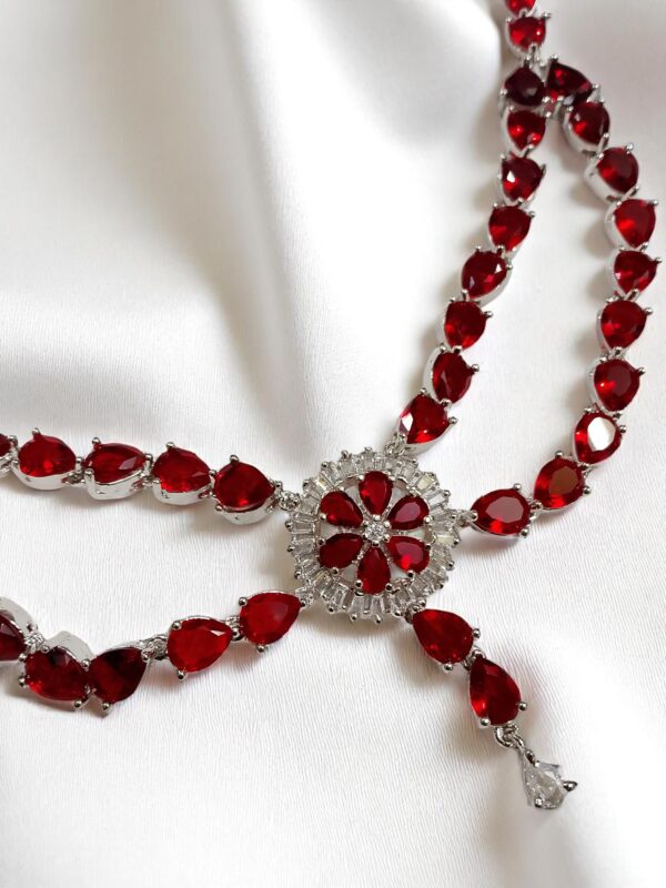 Red American Diamond Jewelry Set – Necklace, Earrings, Finger Ring & Maang Tikka - Image 2