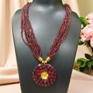 Maroon Beads Necklace with Flower Pendent