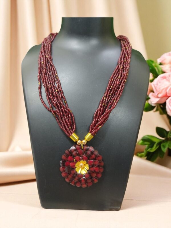 Maroon Beads Necklace with Flower Pendent