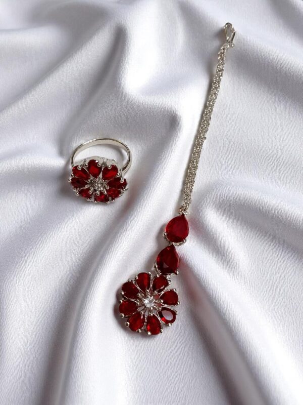 Red American Diamond Jewelry Set – Necklace, Earrings, Finger Ring & Maang Tikka - Image 3