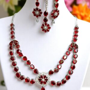 Red American Diamond Jewelry Set – Necklace, Earrings, Finger Ring & Maang Tikka