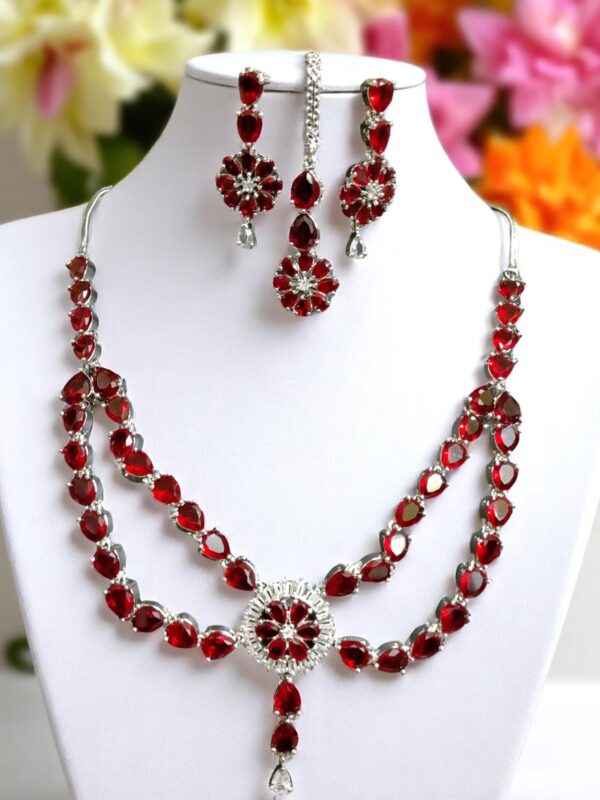 Red American Diamond Jewelry Set – Necklace, Earrings, Finger Ring & Maang Tikka