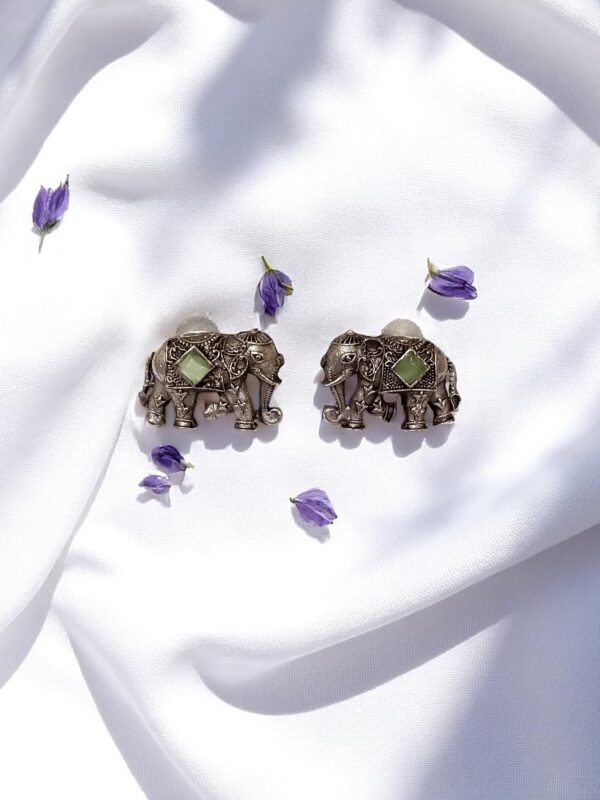 Oxidised Elephant Motif Mint Color Stud Earrings - Image 3
