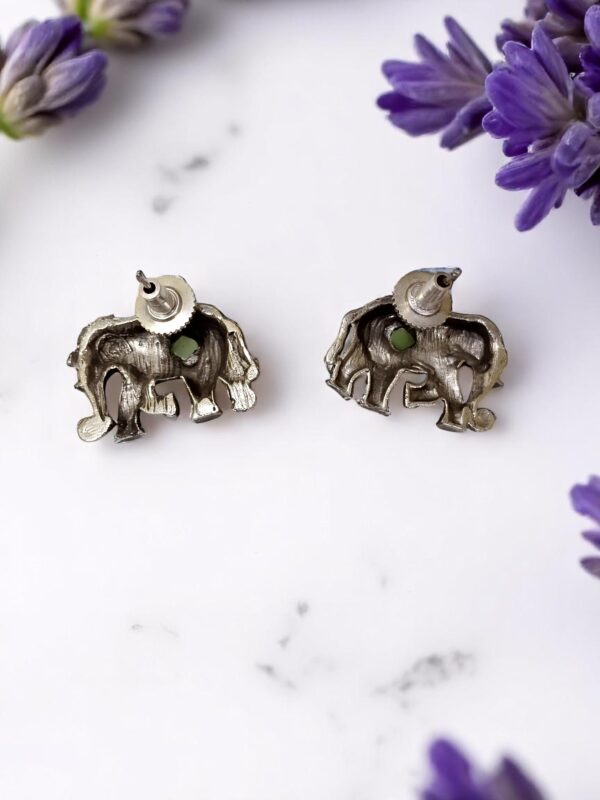 Oxidised Elephant Motif Mint Color Stud Earrings - Image 2