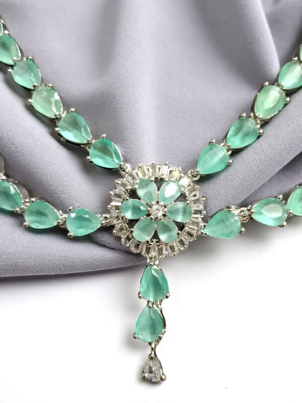 Sky American Diamond Jewelry Set – Necklace, Earrings, Finger Ring & Maang Tikka - Image 4
