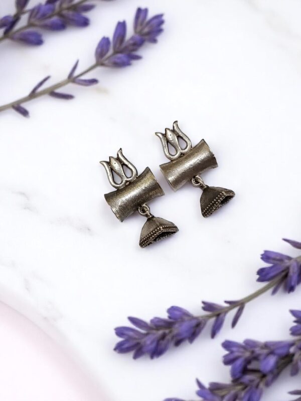 Oxidised Trishul Damaru Statement Earrings - Image 2
