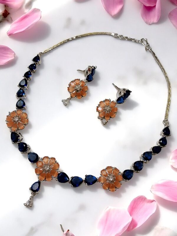 Floral Blue & Peach AD Stone Necklace Set with Earrings - Image 2