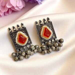 White Stone Oxidised Earrings with Ghungroo