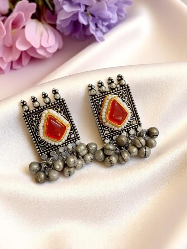 White Stone Oxidised Earrings with Ghungroo