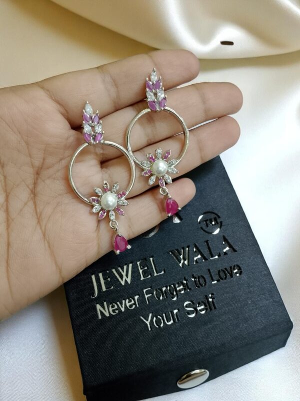 Gold Plated Pink Ad Stone Earrings with Pearl - Image 3