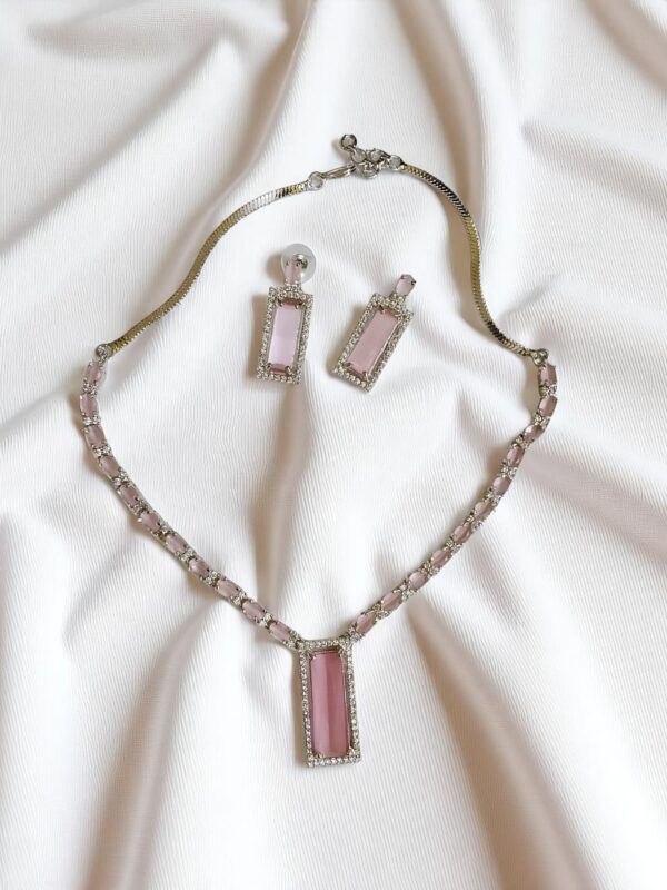 Elegant Pink AD Necklace with Earrings | Rectangular Pendant Set | American Diamond Jewelry - Image 2