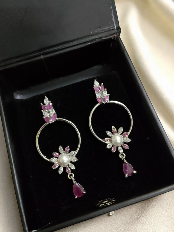 Gold Plated Pink Ad Stone Earrings with Pearl - Image 2