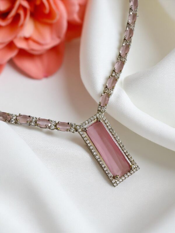 Elegant Pink AD Necklace with Earrings | Rectangular Pendant Set | American Diamond Jewelry - Image 4