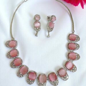 Pink Ad Stone Necklace With Earring Pair