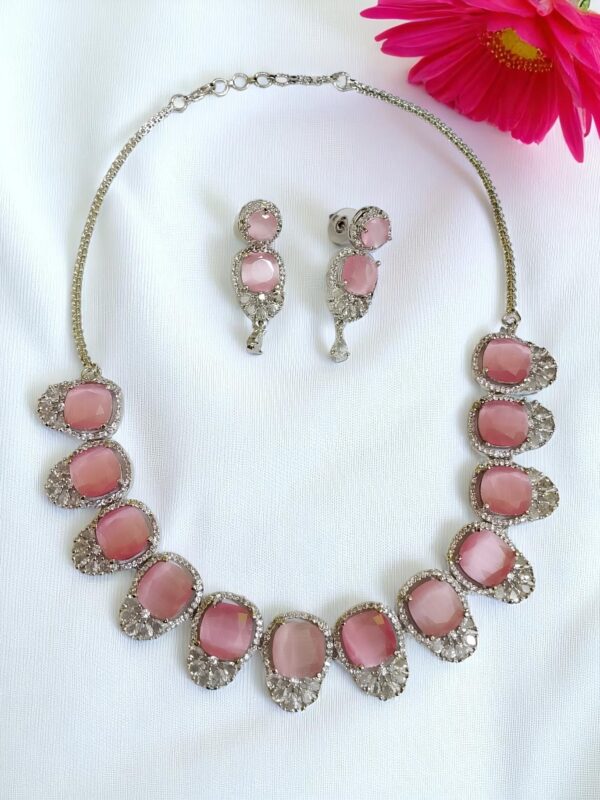 Pink Ad Stone Necklace With Earring Pair