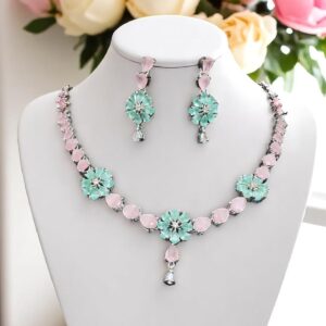 Elegant Floral Green & Pink Necklace with Earrings