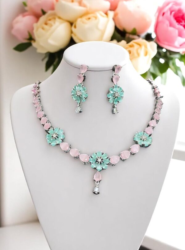 Elegant Floral Green & Pink Necklace with Earrings