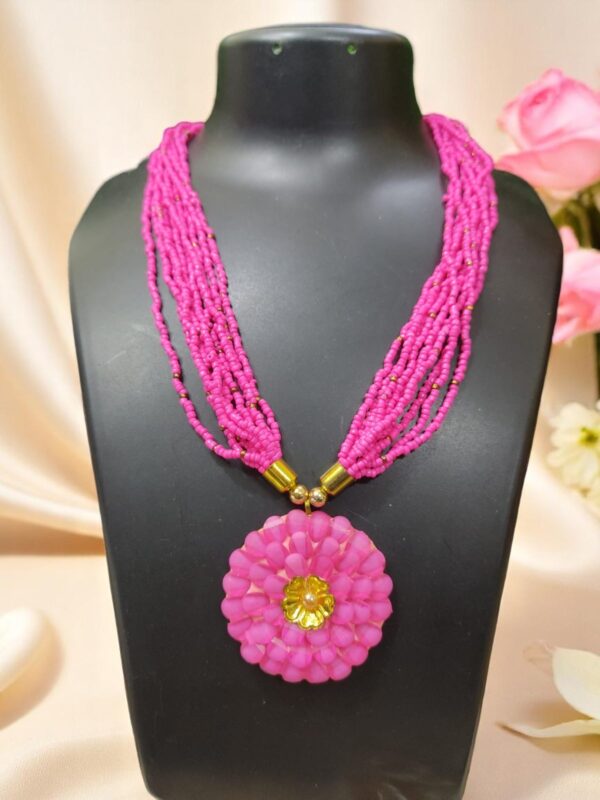 Pink Beads Necklace with Flower Pendent - Image 2