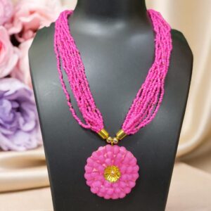 Pink Beads Necklace with Flower Pendent