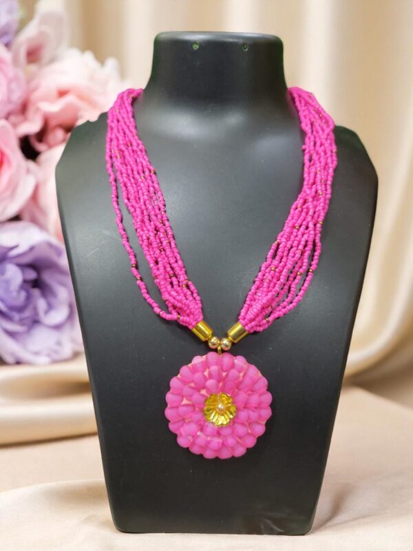 Pink Beads Necklace with Flower Pendent