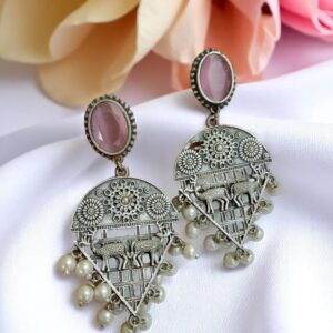 Pink Blue Stone Oxidised Earrings with Pearl Drops