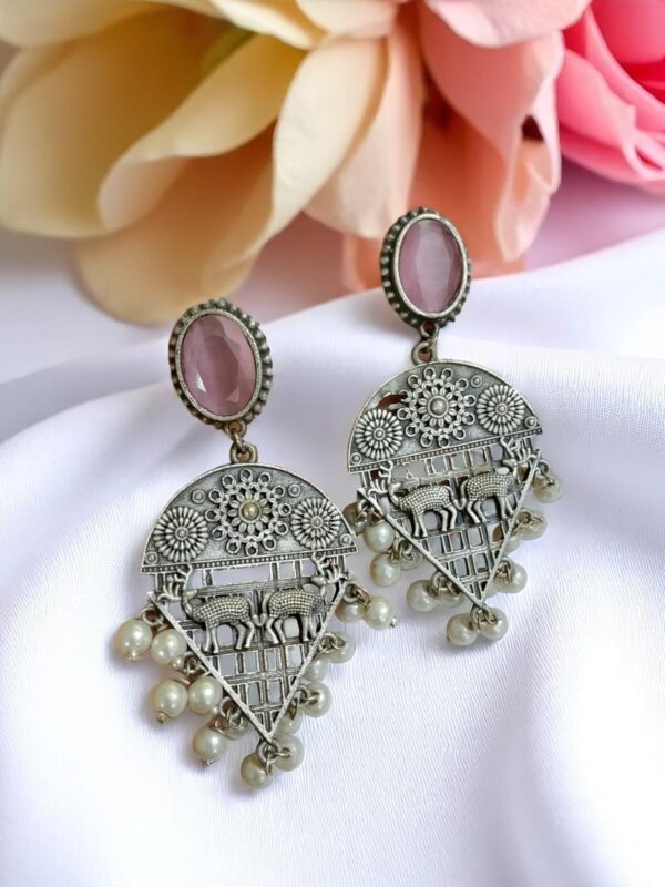 Pink Blue Stone Oxidised Earrings with Pearl Drops
