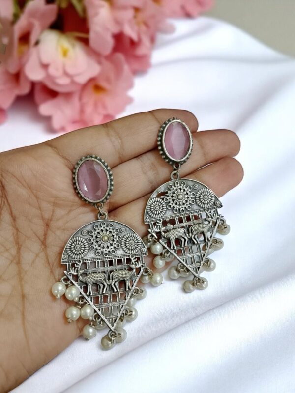 Pink Blue Stone Oxidised Earrings with Pearl Drops - Image 2