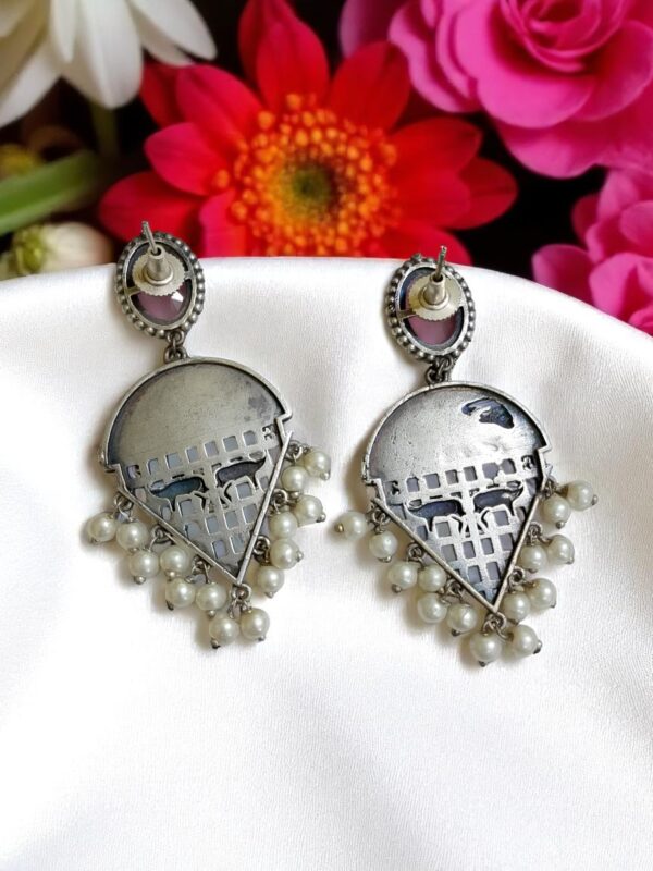 Pink Blue Stone Oxidised Earrings with Pearl Drops - Image 4