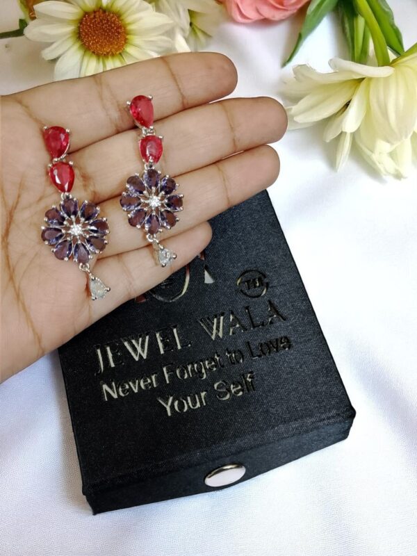 Red & Purple Dual Color Flower Stone Earring Pair - Image 3