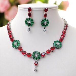 Festive Green & Maroon Floral AD Necklace Set with Earrings
