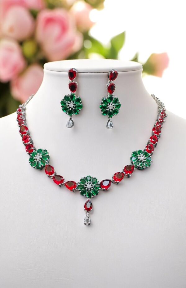 Festive Green & Maroon Floral AD Necklace Set with Earrings