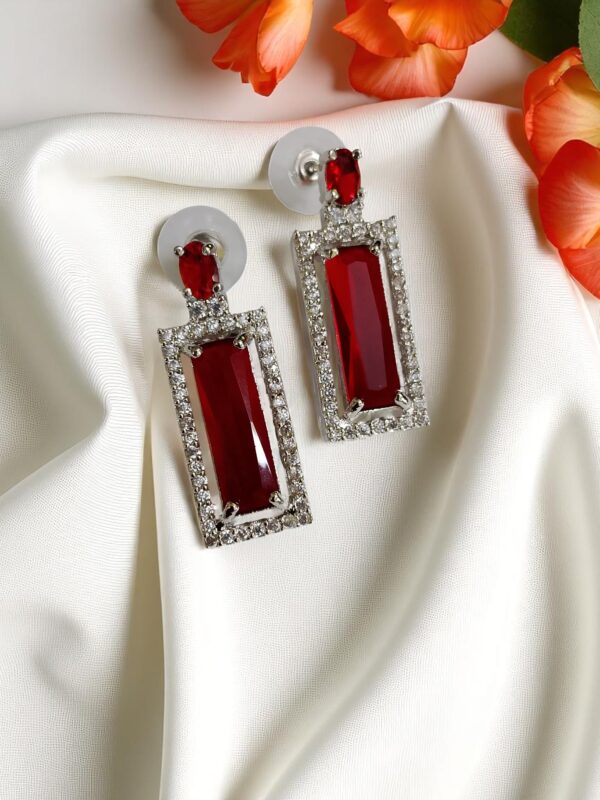 Elegant Red AD Necklace with Earrings | Rectangular Pendant Set | American Diamond Jewelry - Image 4