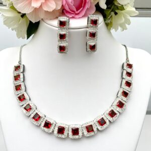 Elegant Red AD Stone Necklace & Earring Set
