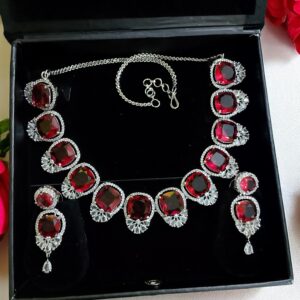 Red Ad Stone Necklace With Earring Pair
