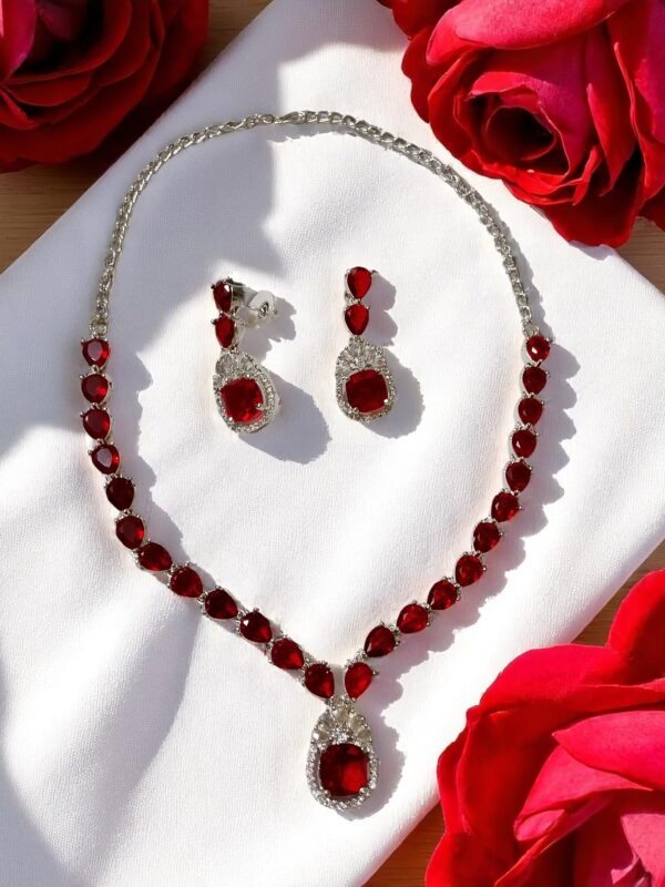 Radiant Ruby-Red American Diamond Necklace Set - Image 2