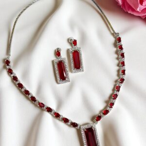 Elegant Red AD Necklace with Earrings | Rectangular Pendant Set | American Diamond Jewelry