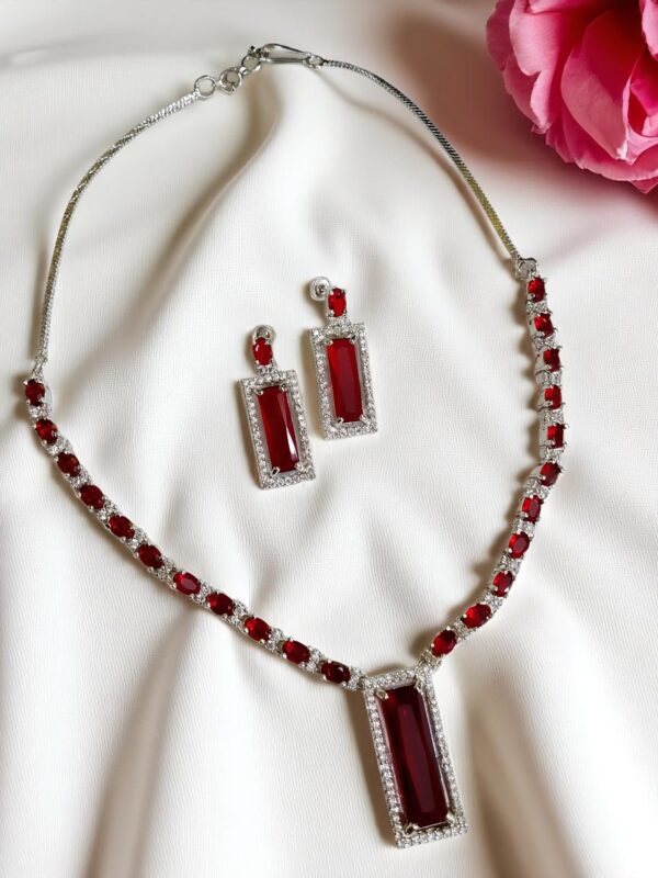 Elegant Red AD Necklace with Earrings | Rectangular Pendant Set | American Diamond Jewelry